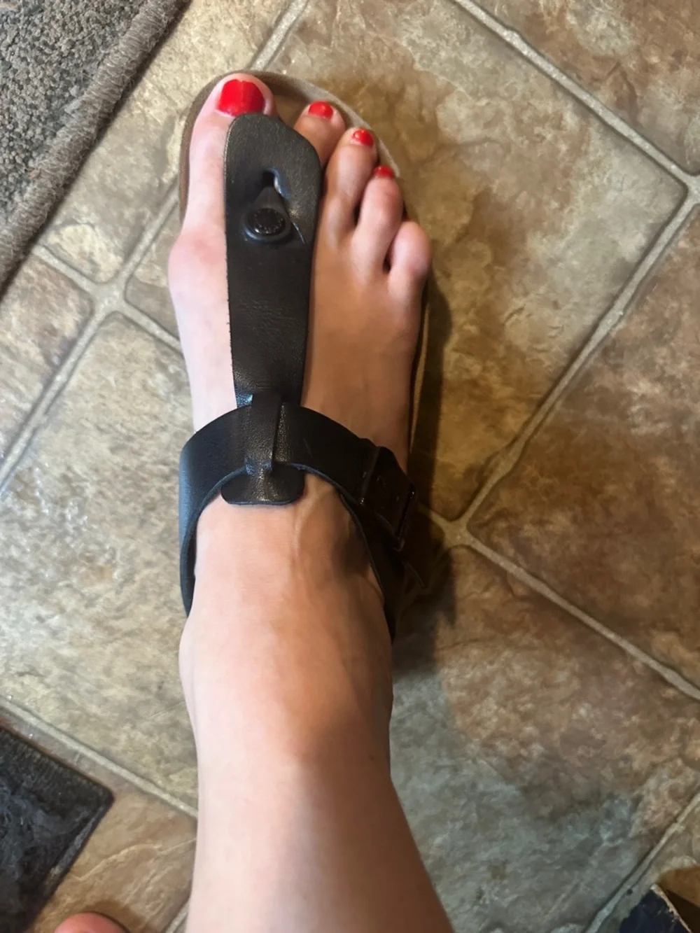 European Black Leather Toe-Post Sandals with Adjustable Buckle,